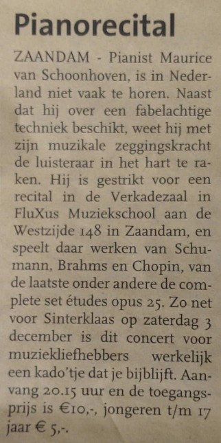 Aankondiging recital Maurice in krant